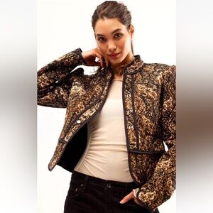 Free People Zoey Jacket Quilted  Pockets Puff Sleeves Black Gold Tan Print